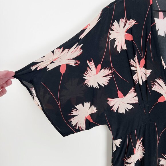 100% Mulberry Silk Wide Leg Jumpsuit Pleated Floral Relaxed Fit & Flare V-Neck - Picture 10 of 12